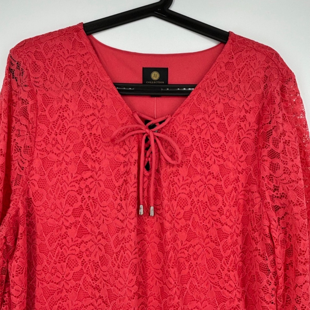 JM Collection Womens XL Lace-Up Tunic Top Starfish Coral Floral Lace 3/4 Sleeves - Picture 2 of 10